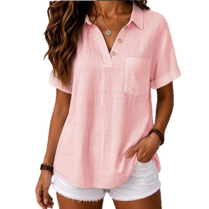 Solid Color Fashion Casual Lapel Short Sleeve Shirt For Women