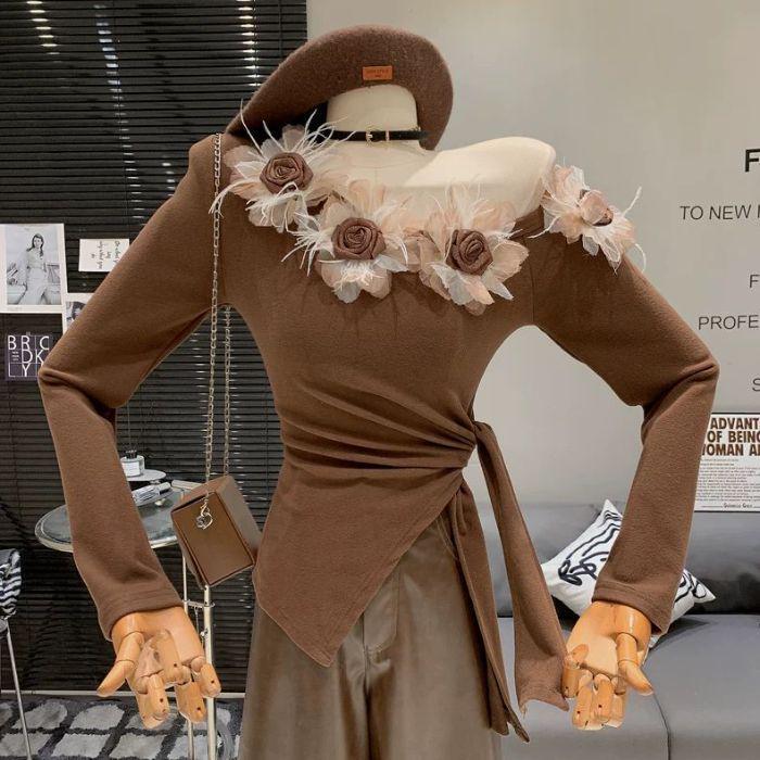 Women's Slim Fit Off-Shoulder Floral Patchwork Long-Sleeve Top