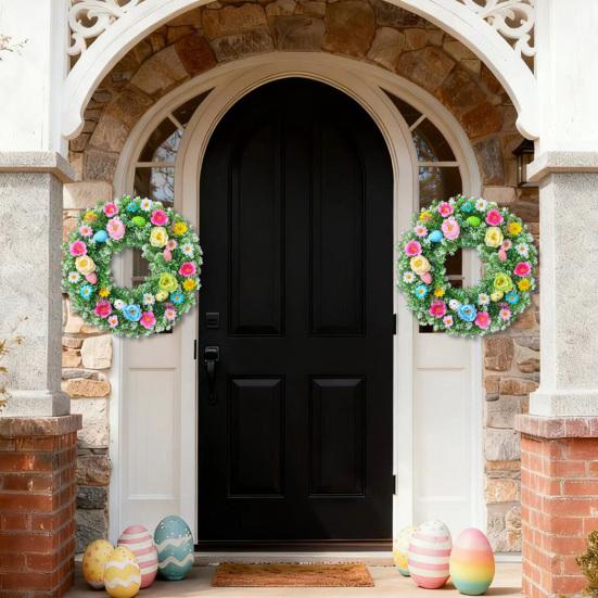 Easter Wreath for Front Door Artificial Spring Floral Wreath with Pastel Eggs for Home Indoor Outdoor