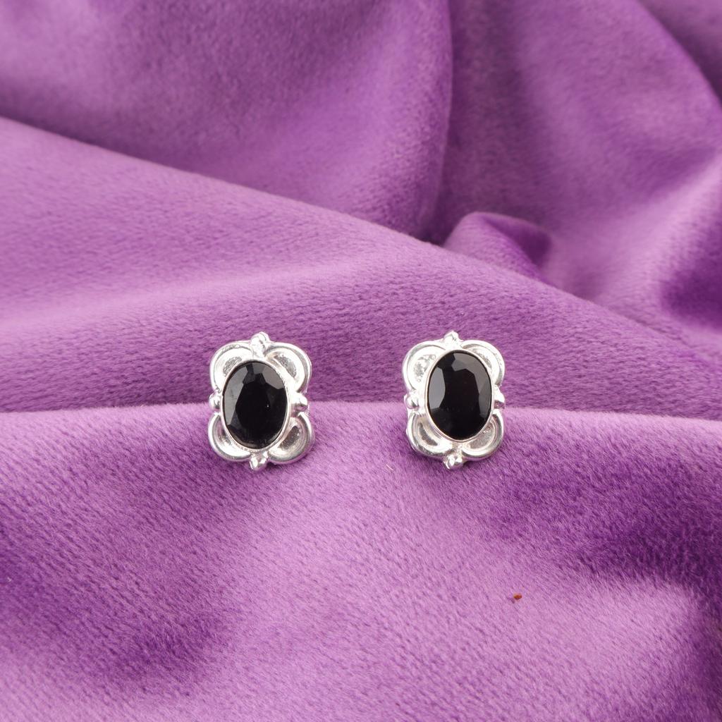 Oval Black Onyx Gemstone Push Back Stud Root Chakra Earrings Jewelry 925 Silver EE-149-6