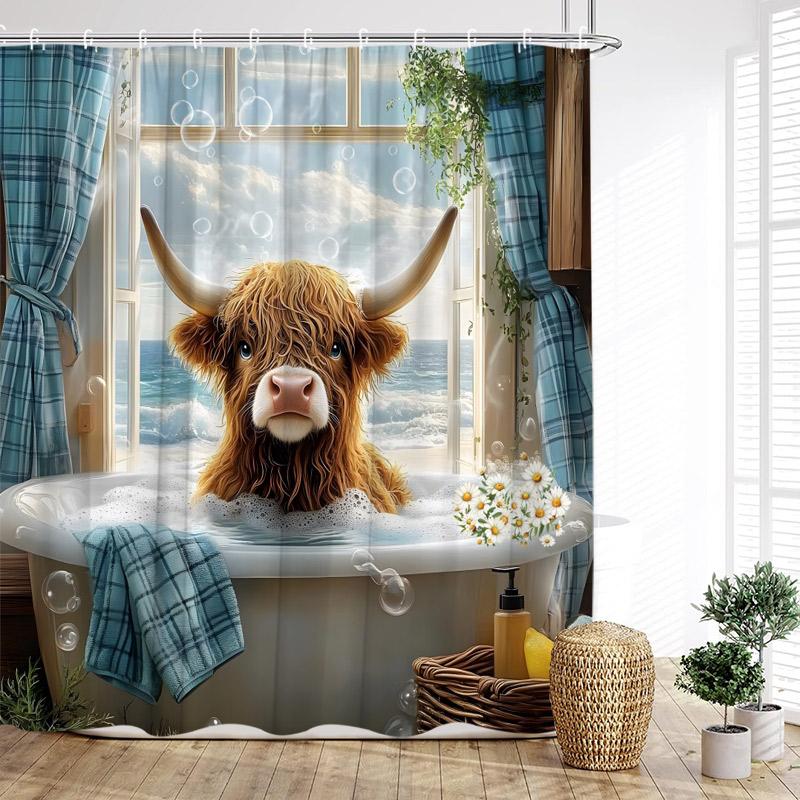 Funny Bathing Highland Cattle Shower Curtains Blue Bathtub Bath Curtain Window Ocean Landscape Bathroom Decoration with Hooks