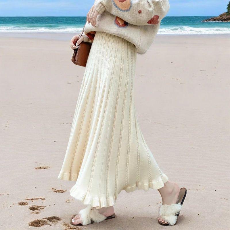 High-Waisted Long Knit Midi Skirt with Inner Layer - Winter & Autumn Style