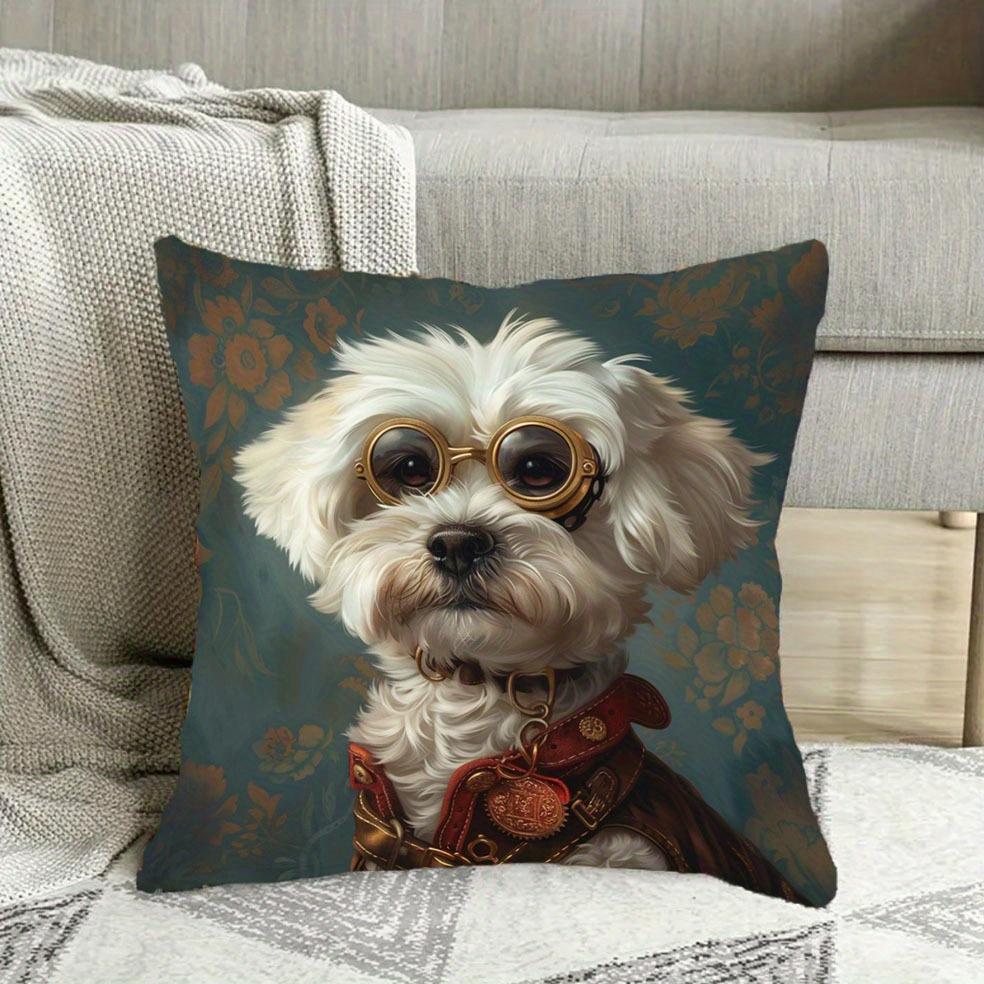 1pc Steampunk Maltese Dog Pillow Cover - Single-Sided Printed Soft Short Plush Decorative Cushion Cover, Featuring Glasses And Vintage Mechanical Desi