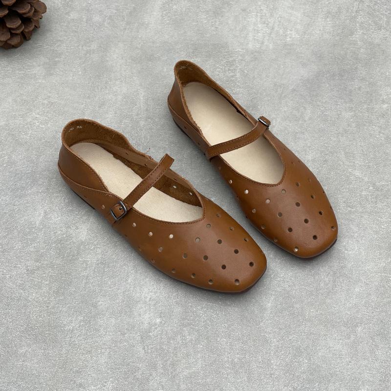 Johnature Hollow Out Breathable Genuine Leather Flat Sandals Casual Versatile Soft Soled Women's Shoes