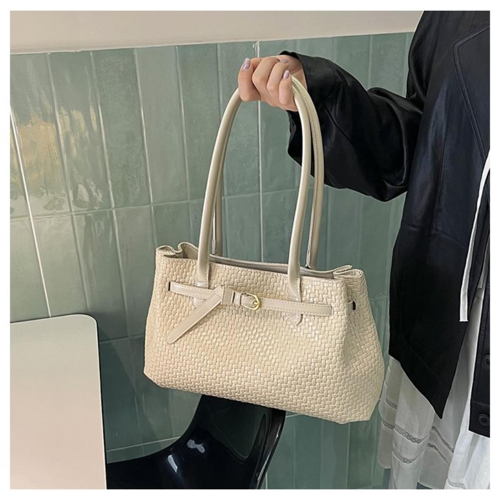 Xeie Thuk Tote Bag Women PU Woven Texture Handheld Shoulder Daily Commute