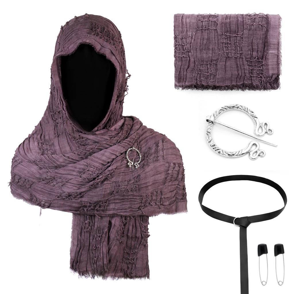 Medieval Hooded Cloak Scarf Set with Brooch and Belt for Cosplay Renaissance Festival Costume Accessories