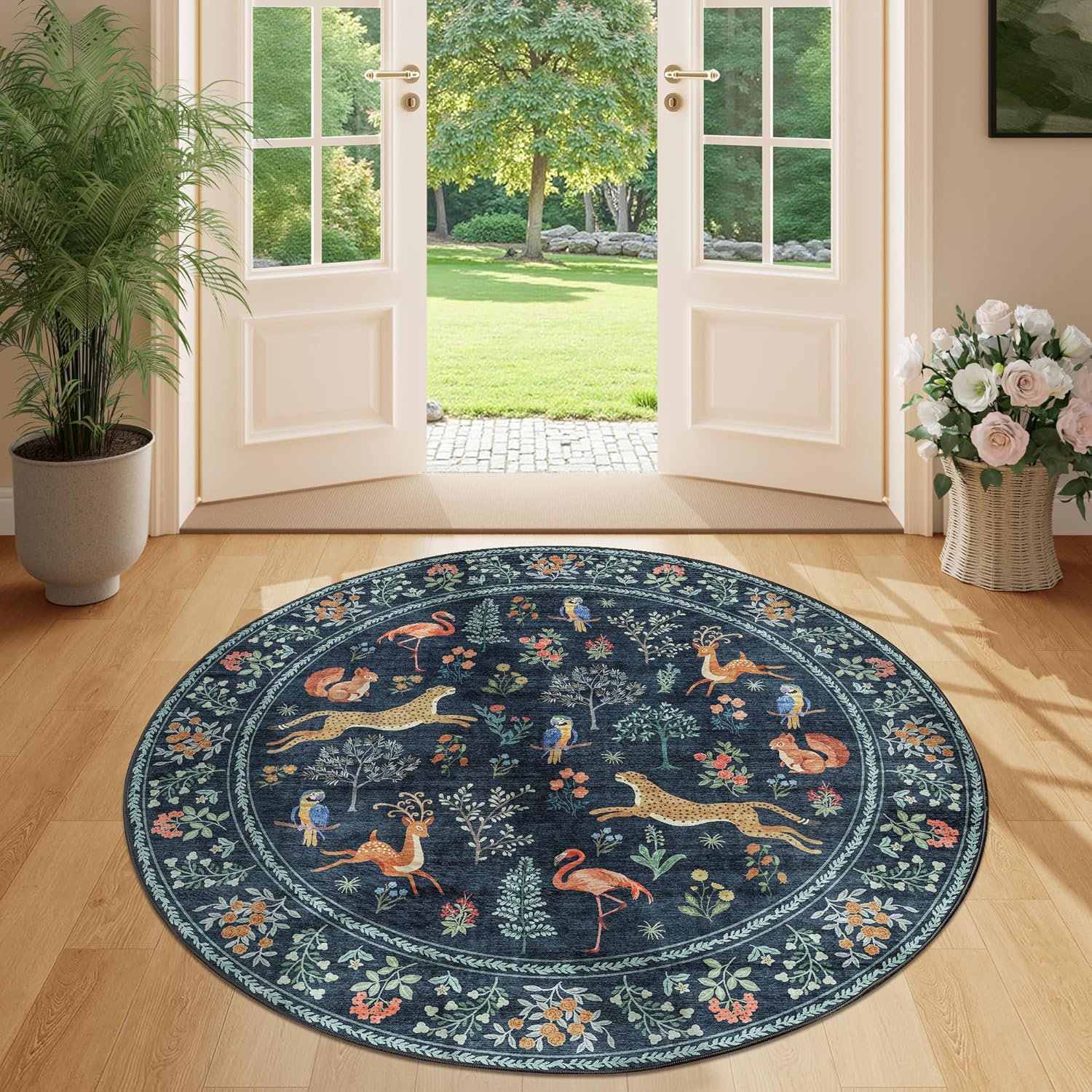 Forest Animal Round Rug Navy Base Cheetah Flamingo Squirrel and Birds in Bloom 60cmx60cm
