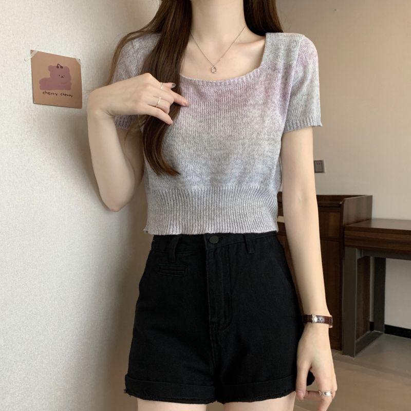 

Summer Women s Pastel Ombre Knit Crop Top Square Neck Casual OneSize серый