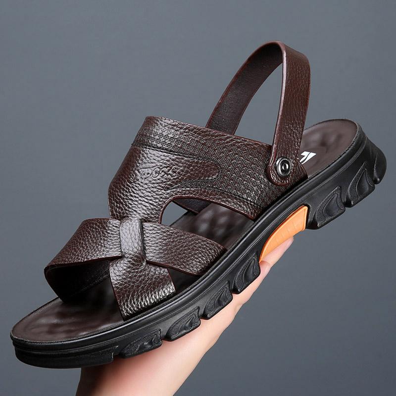 

Мужские летние новые верхние слои из коровьей кожи с латексной подкладкой, пляжная обувь для взрослых, на толстой подошве, мягкая подошва, нескользящие кожаные сандалии с открытым носком 47 коричневый