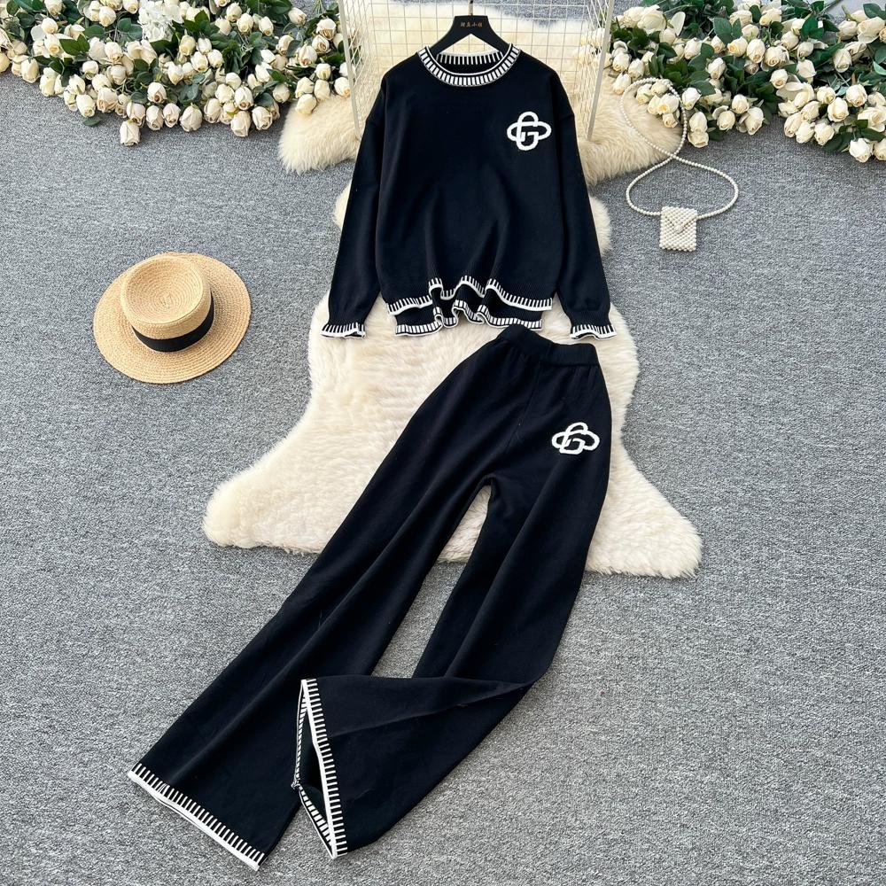 Höst Vinter Dam Casual Stickad Tröja Byxa Tvådelat Set Helärmad Pullover Toppar och Vida Ben Byxor Träningsoverall