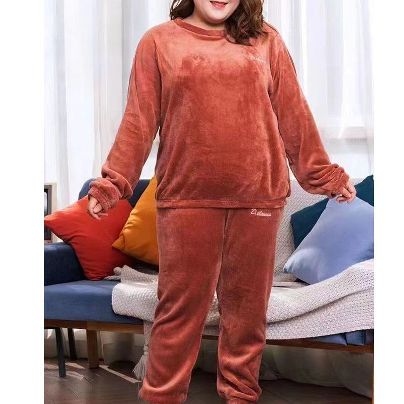 Autumn and Winter Women's Plus Size Loungewear Thick Warm Coral Fleece Pajama Set