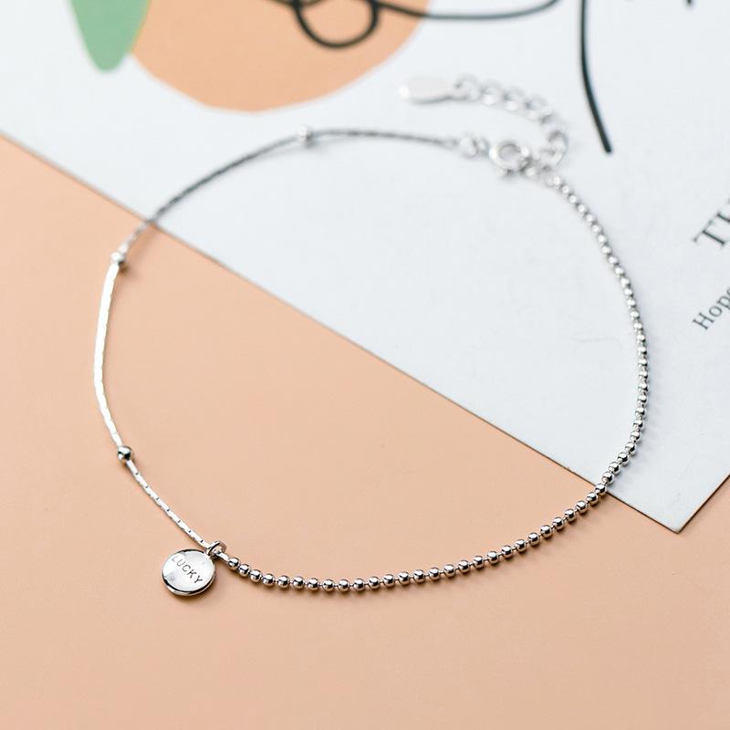 Fashion Simple 925 Sterling Silver Snake Chain Round Lucky Letter Charm Anklet Foot Jewelry for Women Girls