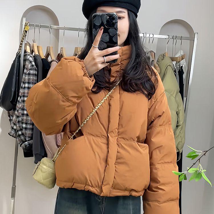 Women's Short White Duck Down Puffer Jacket, Autumn/Winter Korean Style, Loose Fit, Small Size Bread Coat Outerwear