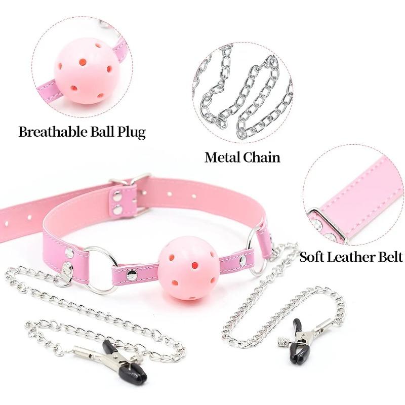 Breathable Pink Leather Bondage Gag Mouth Ball with Adjustable Metal Chain Nipple Clamps -Ultimate Pleasure for Adult Women