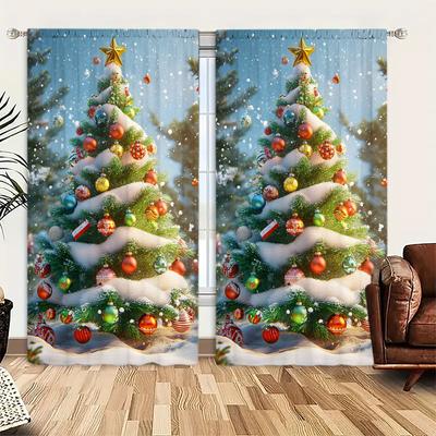2-teiliger Vorhang mit Weihnachtsbaum- und Schnee-Aufdruck für weihnachtliche Heimdekoration – Fensterbehandlung mit Stangentasche für Schlafzimmer, Büro, Küche