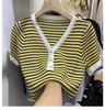 Fashion Summer Temperament Versatile Striped V-neck Pearl Buttons Short Paragraph Short-sleeved Knit Shirt Tops Female Casual Slim Fit Pullovers Tees