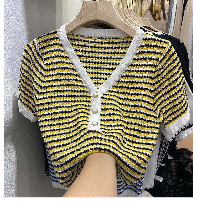 Fashion Summer Temperament Versatile Striped V-neck Pearl Buttons Short Paragraph Short-sleeved Knit Shirt Tops Female Casual Slim Fit Pullovers Tees