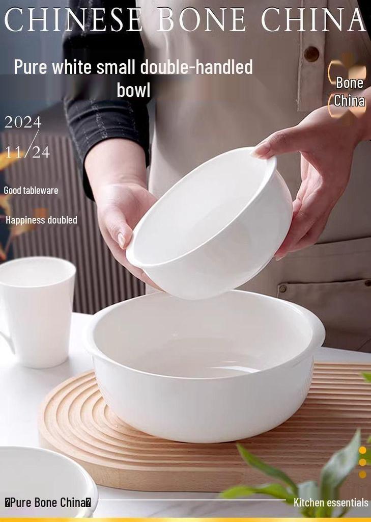 High-Quality White Bone China Double Ear Noodle Bowl – Stylish, High-Temperature Resistant, Deep Plate for Young People