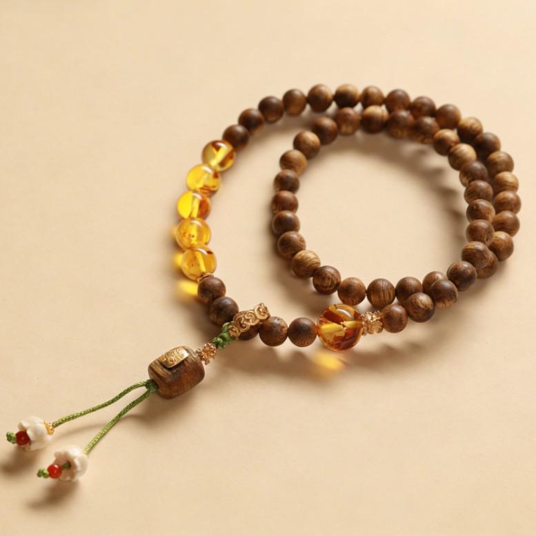 6mm Hainan Agarwood Pendant Charm Bracelet with Amber Zen Style Ornaments