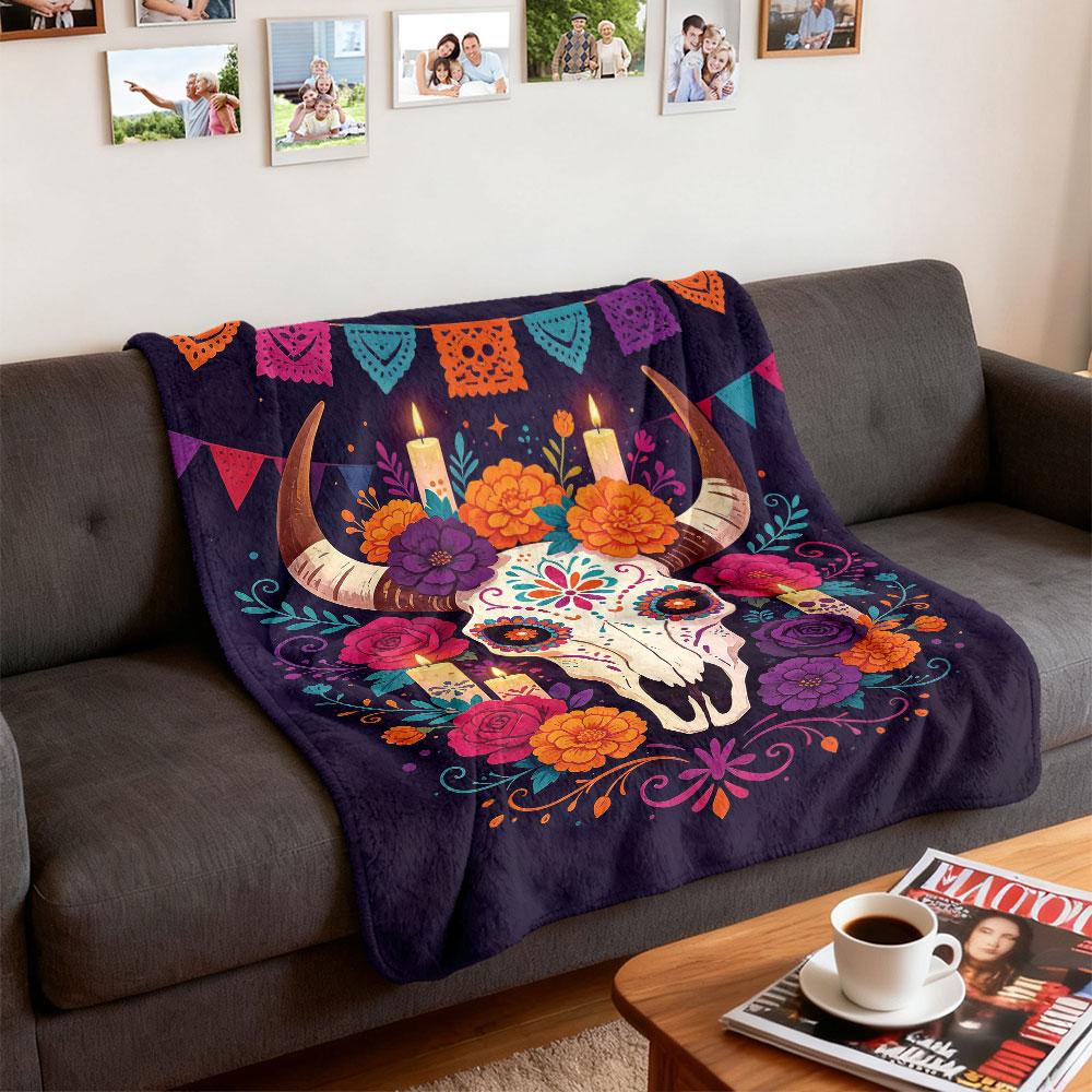 Day Of The Dead Flower Printed Cow Skull Flannel Blanket Multi Sizes Cozy Sofa Throw Nap Blanket For Office Break Festival H