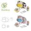 5-Piece Bamboo Fiber Children's Tableware Set: Cow & Ladybug Design with Plate, Bowl, Fork, and Spoon.