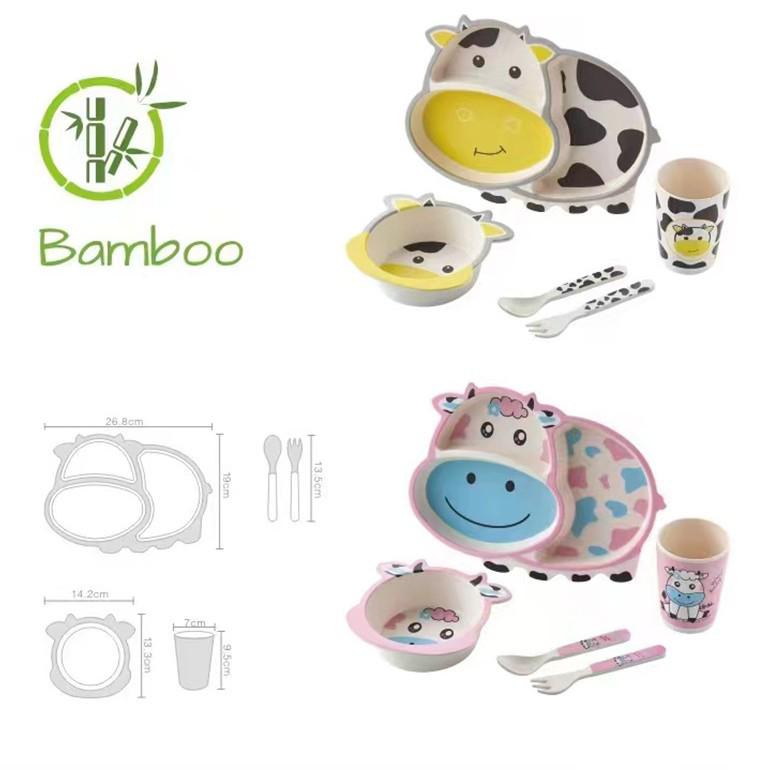 5-Piece Bamboo Fiber Children's Tableware Set: Cow & Ladybug Design with Plate, Bowl, Fork, and Spoon.