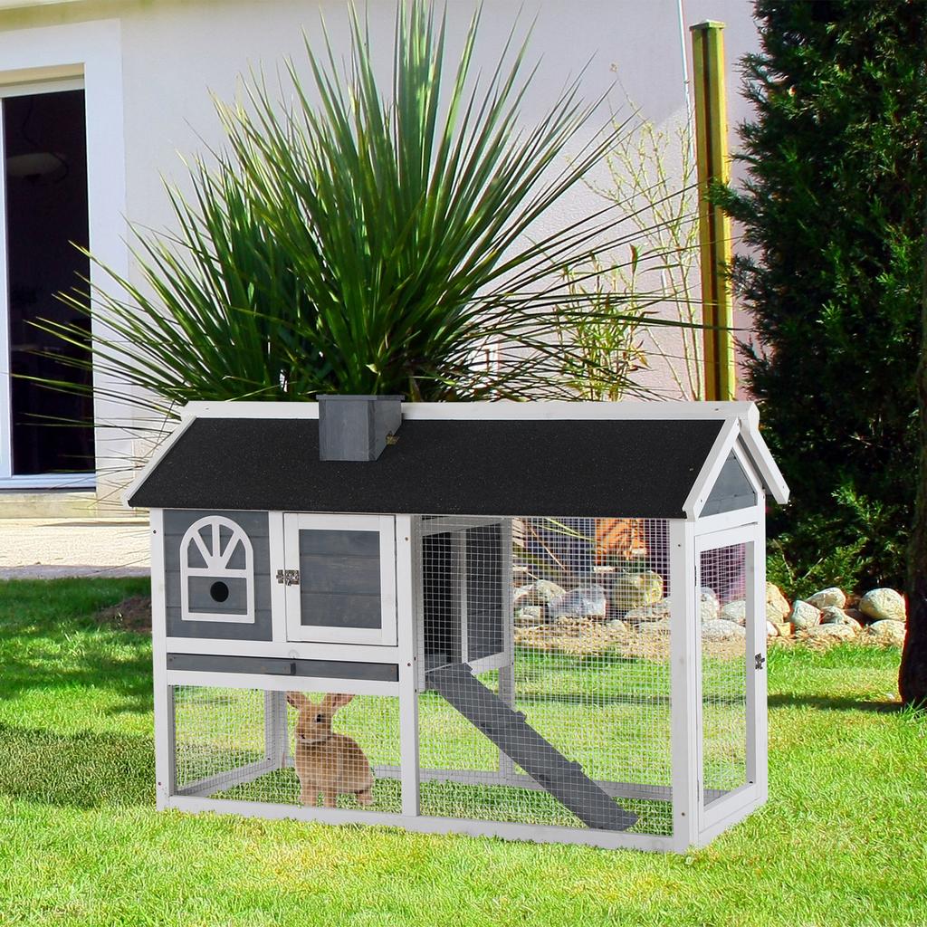 Wooden Rabbit Hutch and Run with Sliding Tray, Ramp, Water-resistant Roof, for 2-4 Rabbits, Grey