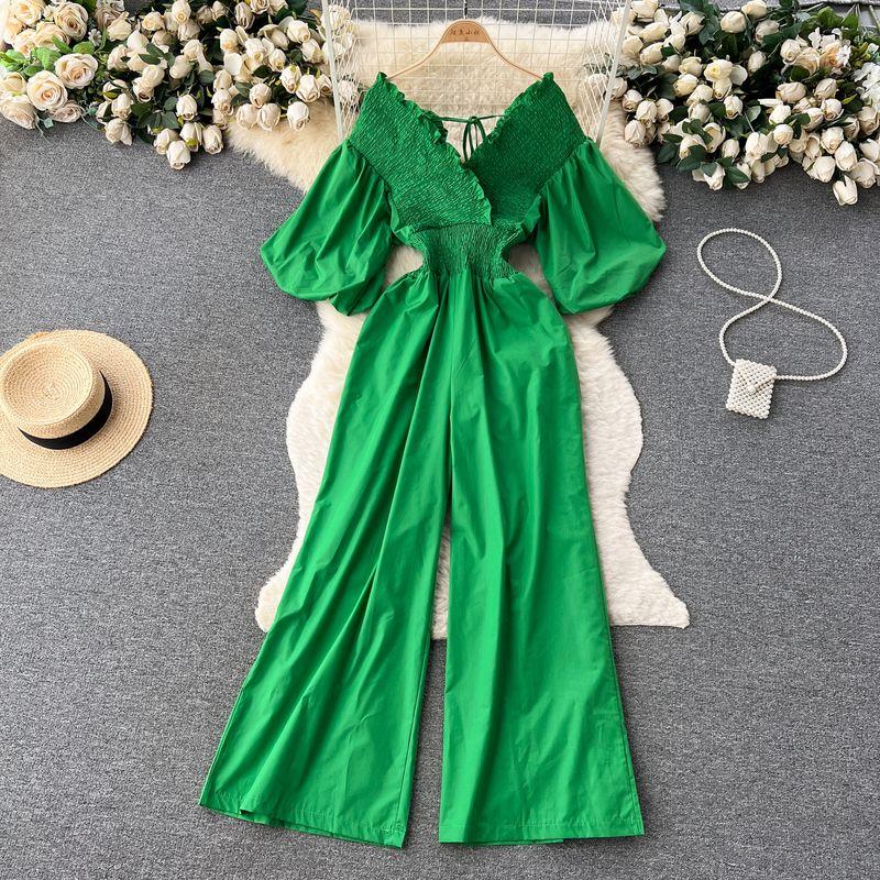 

Ruffle V-neck Pleated Waist Tight Slim Fit Bodysuit Green All yards