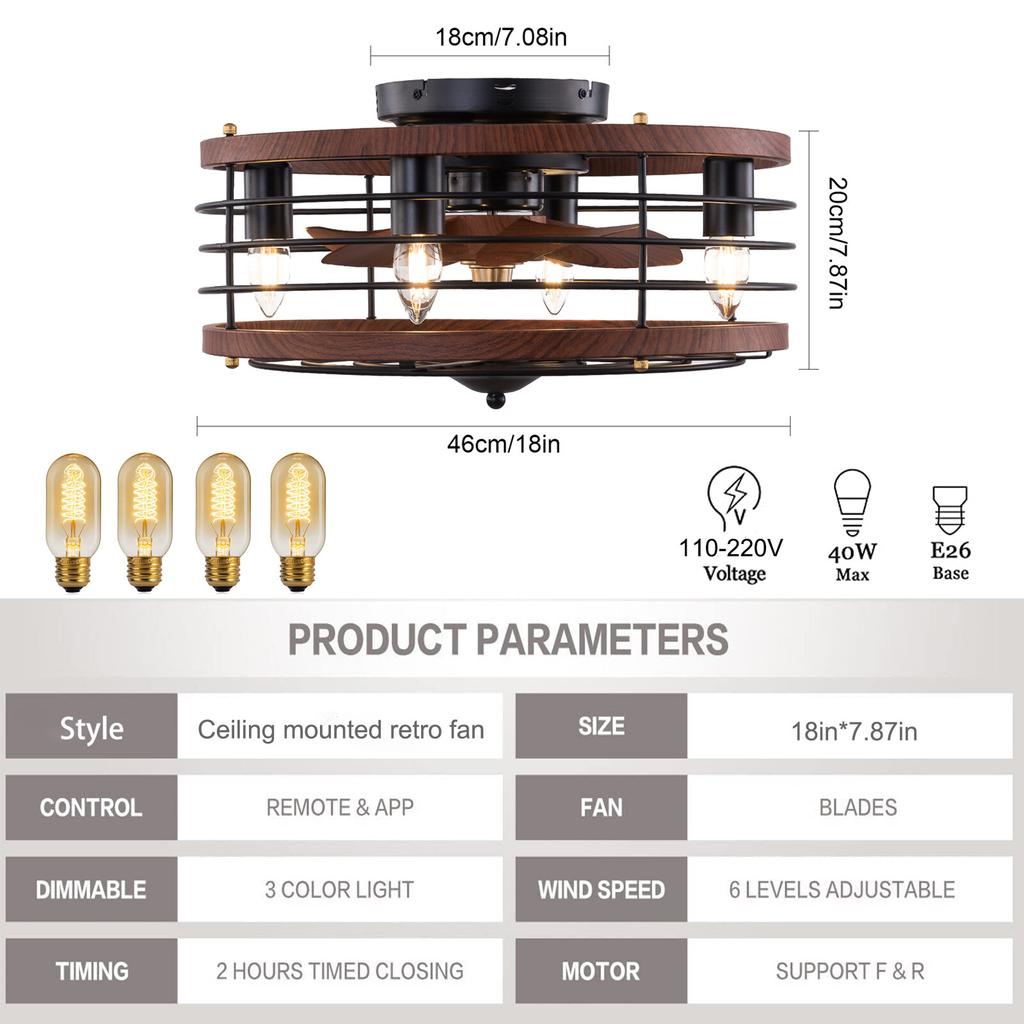 Remote Control Ceiling Fan with Light, 6-Speed Quiet Reversible Motor, Retro Industrial Flush Mount for Bedroom Living Room