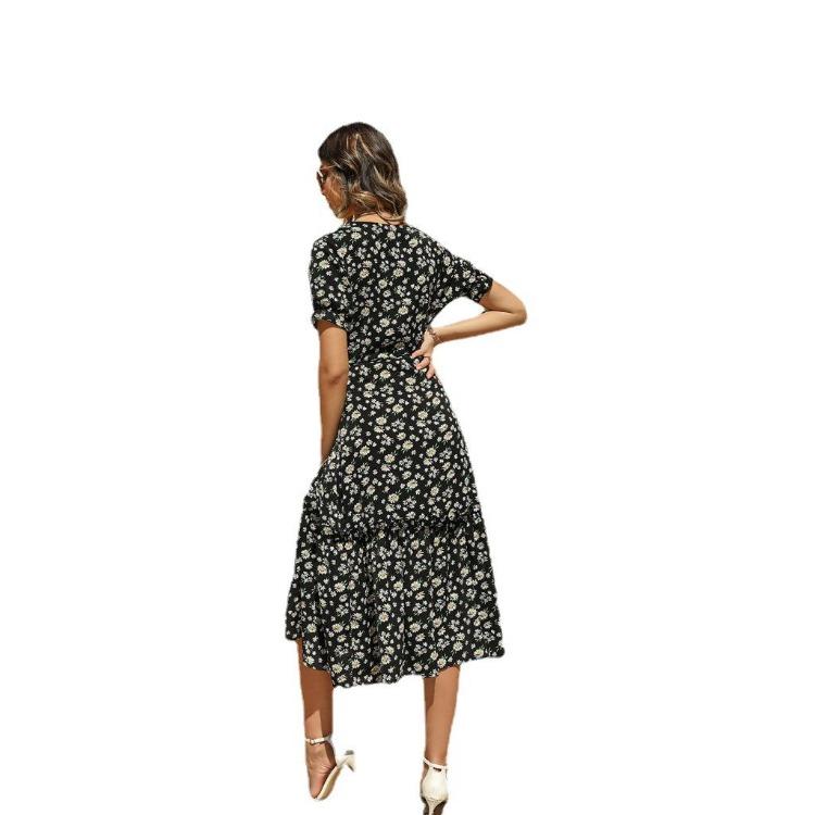 Sexy Summer Bohemian V Neck Chiffon Print Short Sleeve High Waist Lace Up Dresses Sizes S to XXL