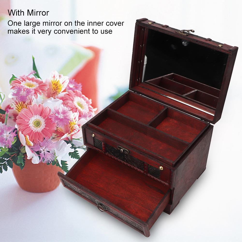 Vintage Wooden Jewelry Box Case Holder Necklace Earrings Storage Box Organizer with Mirror