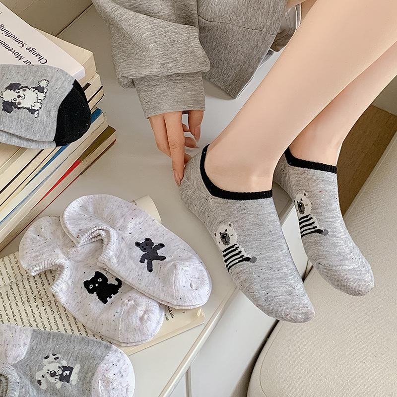 Spring and Summer Low-top Socks, Thin Invisible Boat Socks, Women's Breathable Dot Yarn Cotton Socks, Cartoon Anti-slip Short Socks