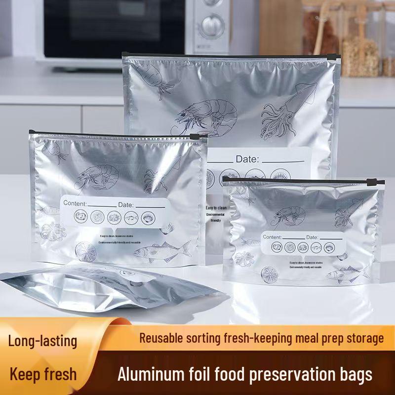 Aluminum Foil Zipper Food Storage Bag, Food-Grade Freezer and Fridge Safe, Prevents Flavor Transfer