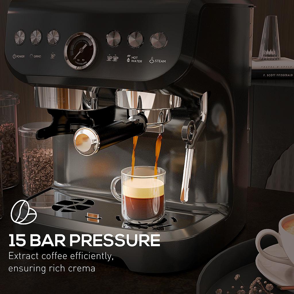 15 Bar Coffee Machine, with Adjustable Grind, Steamer and Accessories - Black