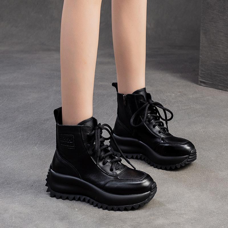 Fashion GKTINOO Handmade Woman Genuine Leather Sneakers Thick Soled Short Boots Height Increasing British style Platform Women's Booties
