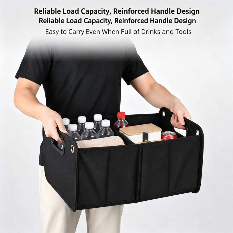 Car Cargo Container for Trunk Storage, 30L Foldable Fabric Bin with Recessed Side Handles for Grouping Loose Grocery and Travel Items, Black