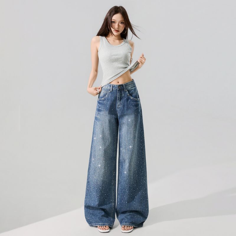 Spring Summer Luxury Full Rhinestone Bamboo Texture Straight Wide Leg High Street Stylish Denim Long Trousers Ladies Casual Oversize Denim Trousers