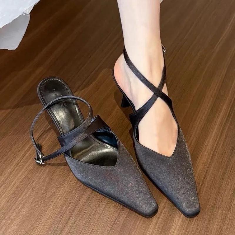 

Fashion 2025 New Brand Women Slipper Fashion Pointed Toe Slip On Ladies Elegant Mules Shoes Thin Low Heel Outdoor Dress Pumps 35 чёрный