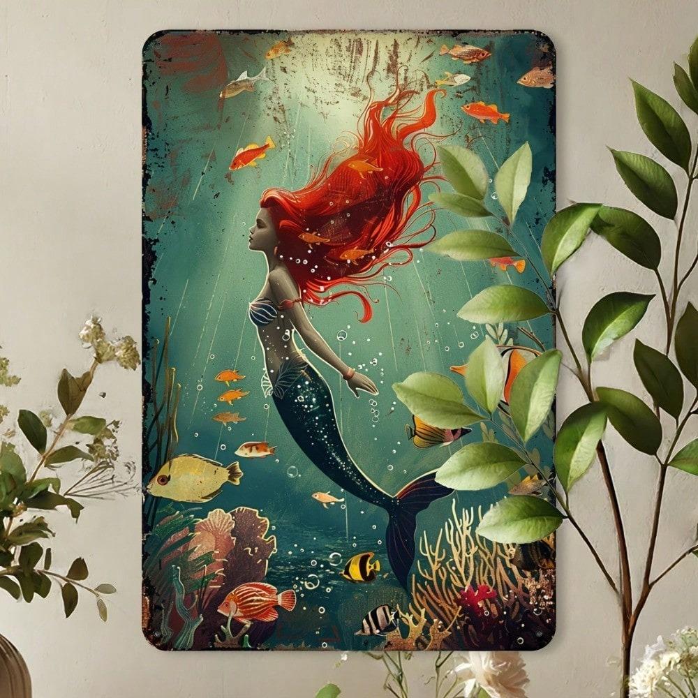 Vintage Tin Sign Mermaid Ocean Wall Art Rustic Metal Decor 8x12 Inch