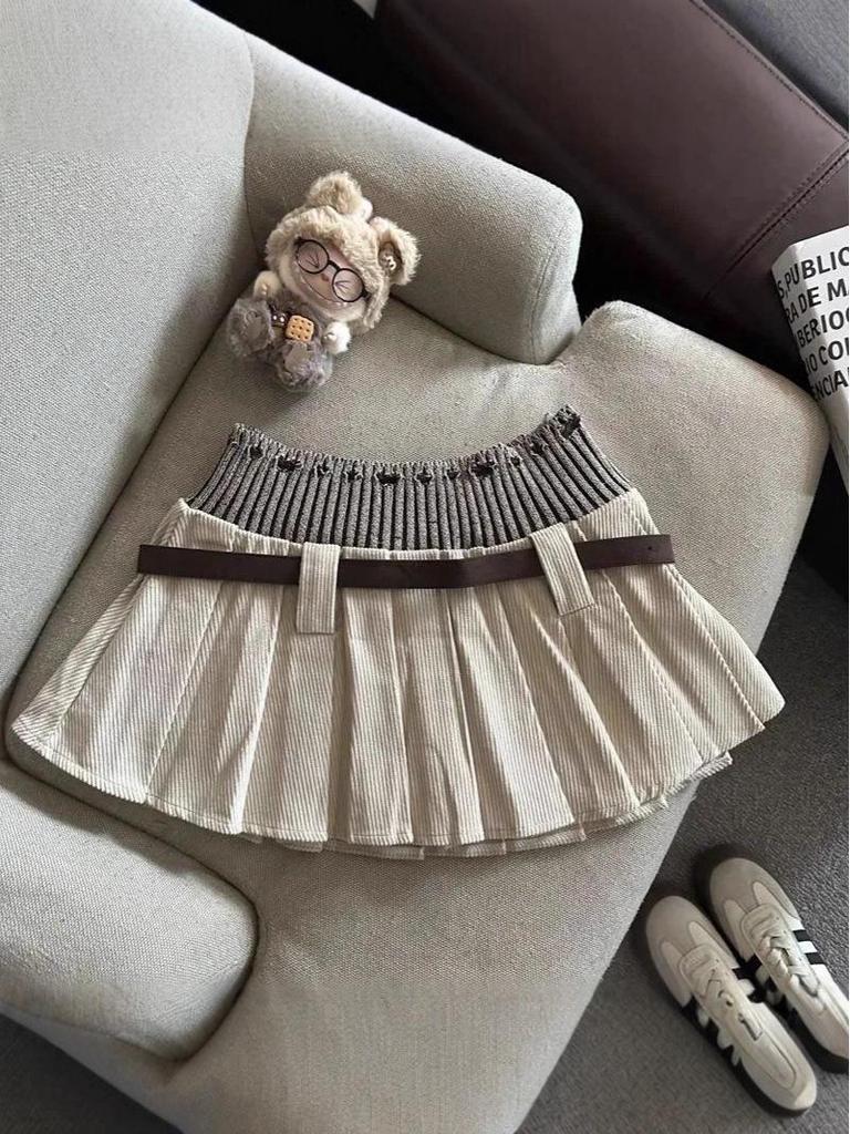 Korean Style Spicy Girl High-Waisted Knit Midi Skirt: Petite Patchwork Pleated Skirt for Women, Age-Reducing and Slimming, Autumn/Winter.