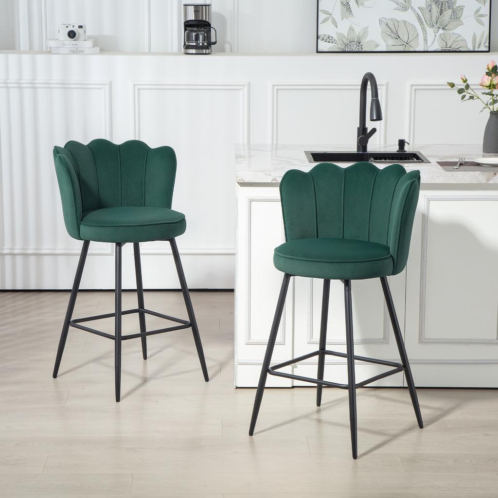 Set of Two Velvet-Feel Lotus Bar Stools - Dark Green