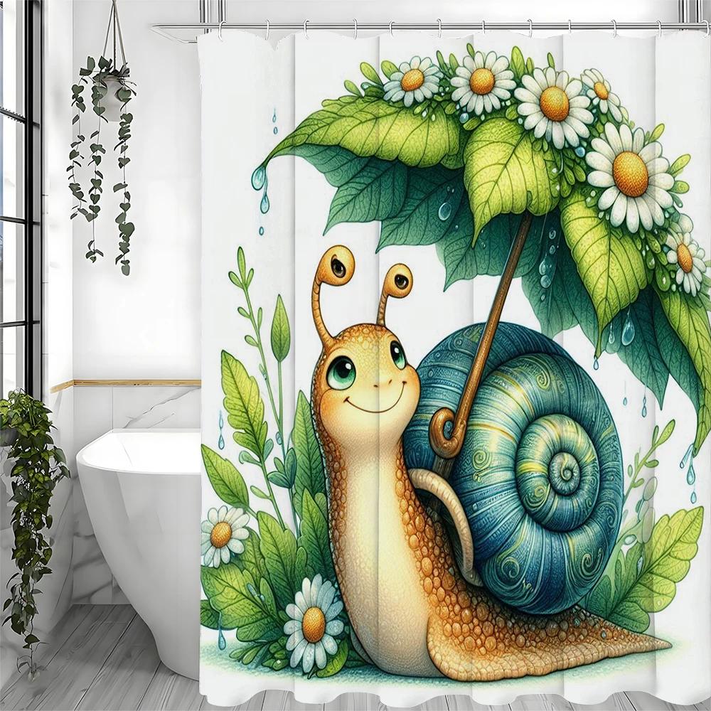 

Charming Snail With Daisy Umbrella Shower Curtain For A Whimsical Bathroom, Featuring An Adorable Snail Holding A Leafy Umbrella W60H190(CM)-1 Pcs