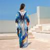 EDOLYNSA Summer Women Vacation Boho Blue Floral Printed V-neck Batwing Sleeve Loose Kaftan Robe 2024 Swimwear Cover Up Casual Beachwear Q1588
