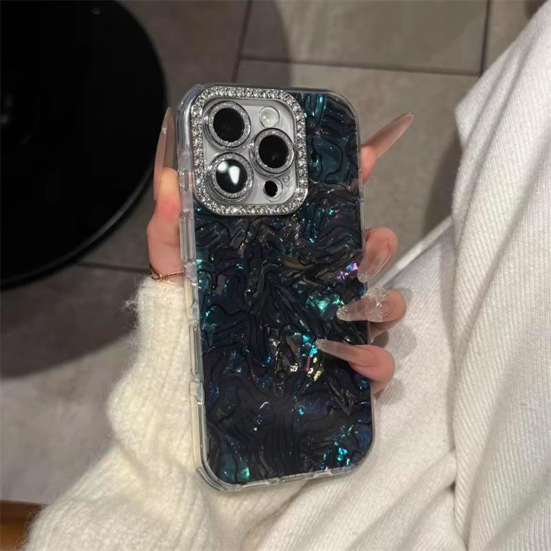 

Rhinestone Marble Case with Lens Film for iPhone 17/16/15 Pro 13 Pro (6.1 ) чёрный