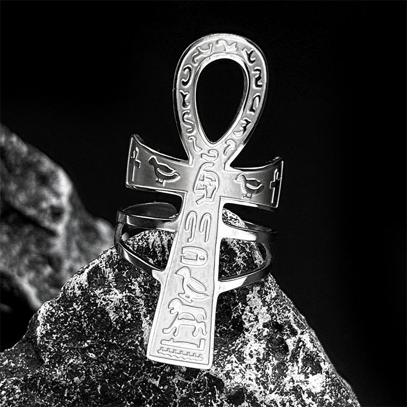 Croce Ankh Egizia Chiave della Vita Anelli Aperti Regolabili per Donne Uomini Acciaio Inossidabile Mitologia Animale Runa Anello da Dito Gioielli