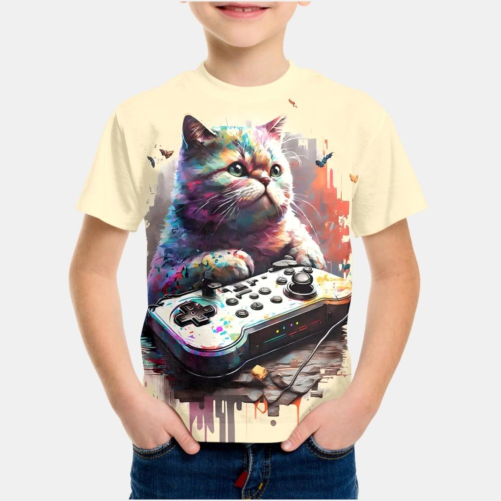 Barnkläder Gosig Katt Grafik 3D-tryck Mode Casual Street Style Sommar Kortärmad Toppar O-Hals Barn T-shirt