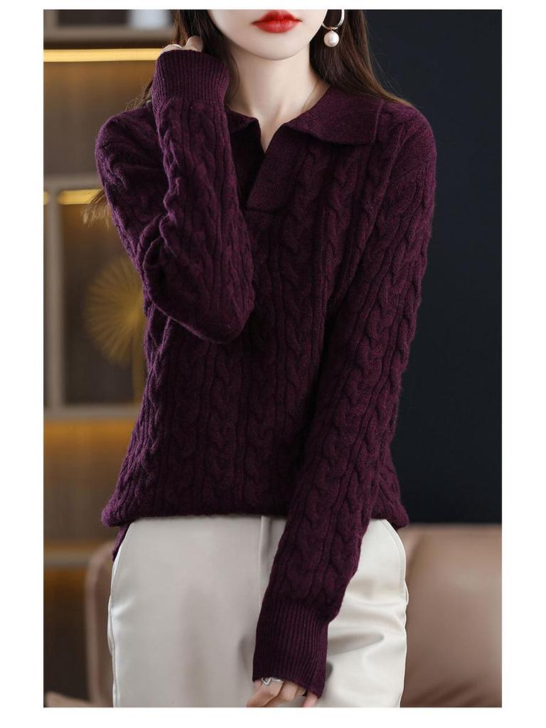 Autumn/Winter 2025 Retro Polo Collar Cashmere Sweater - High-End Knitted Cable Base Layer