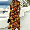 Women's Stylish Halloween Print Long Sleeve V-Neck Casual Dress with Pockets