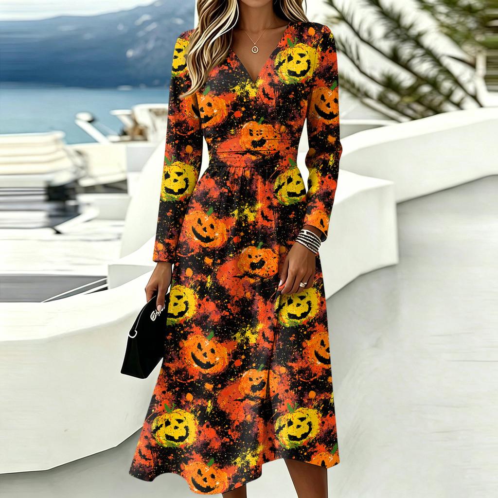 Women's Stylish Halloween Print Long Sleeve V-Neck Casual Dress with Pockets