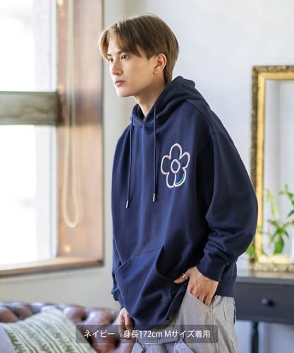 IMPROMES Hooded Sweatshirt [SIDEWAYSTANCE] Embroidered Flower Fleece Pullover Hoodie, Men's, Black